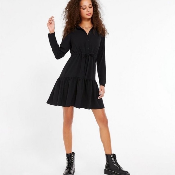 Women’s Dresses | tie waist tiered shirt dress in black - Picture 3 of 9
